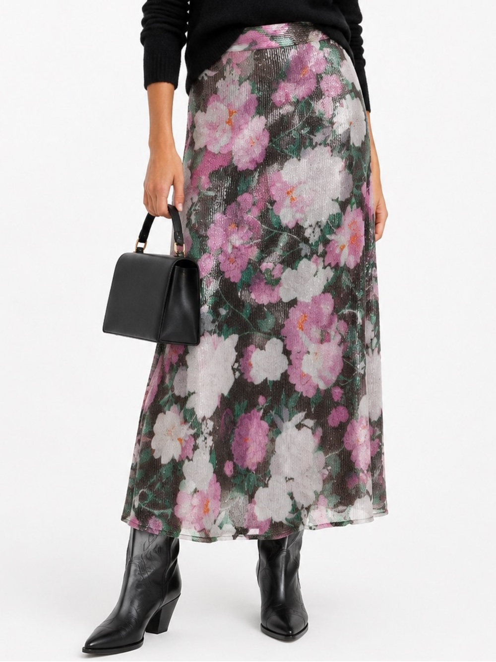 J. Peterman Roses & Sequins Floral Maxi Skirt Black Pink Size 10